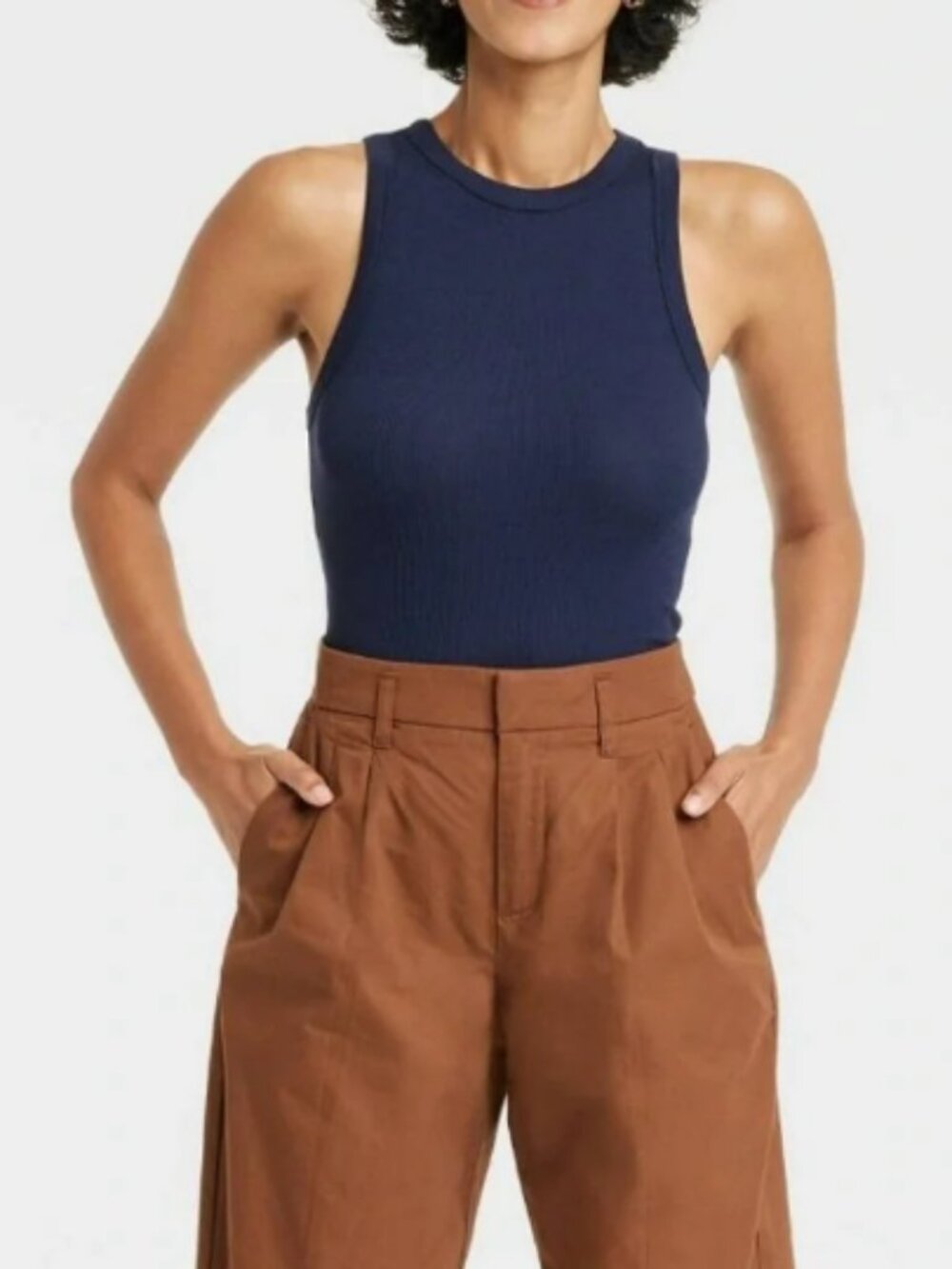 A New Day Soft Cotton Blend Ribbed Round Neck Sleeveless Muscle Tank/Tee in Navy